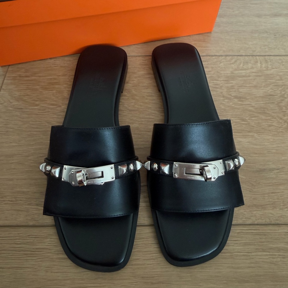 Hermes Black Studded Giulia Leather Sandals